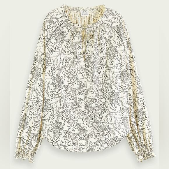 Scotch & Soda Easy Monochrome Blouse Top floral outline ivory cream black - Picture 1 of 9